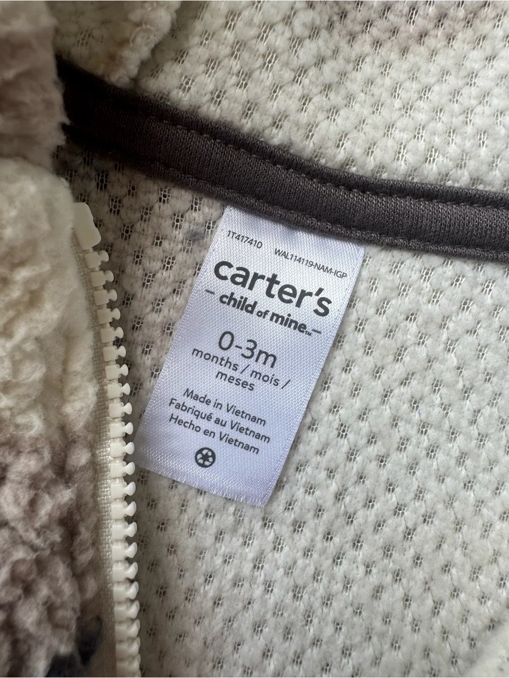 Carter's Cream Sherpa Zip Hoodie with Taupe Bear Prints